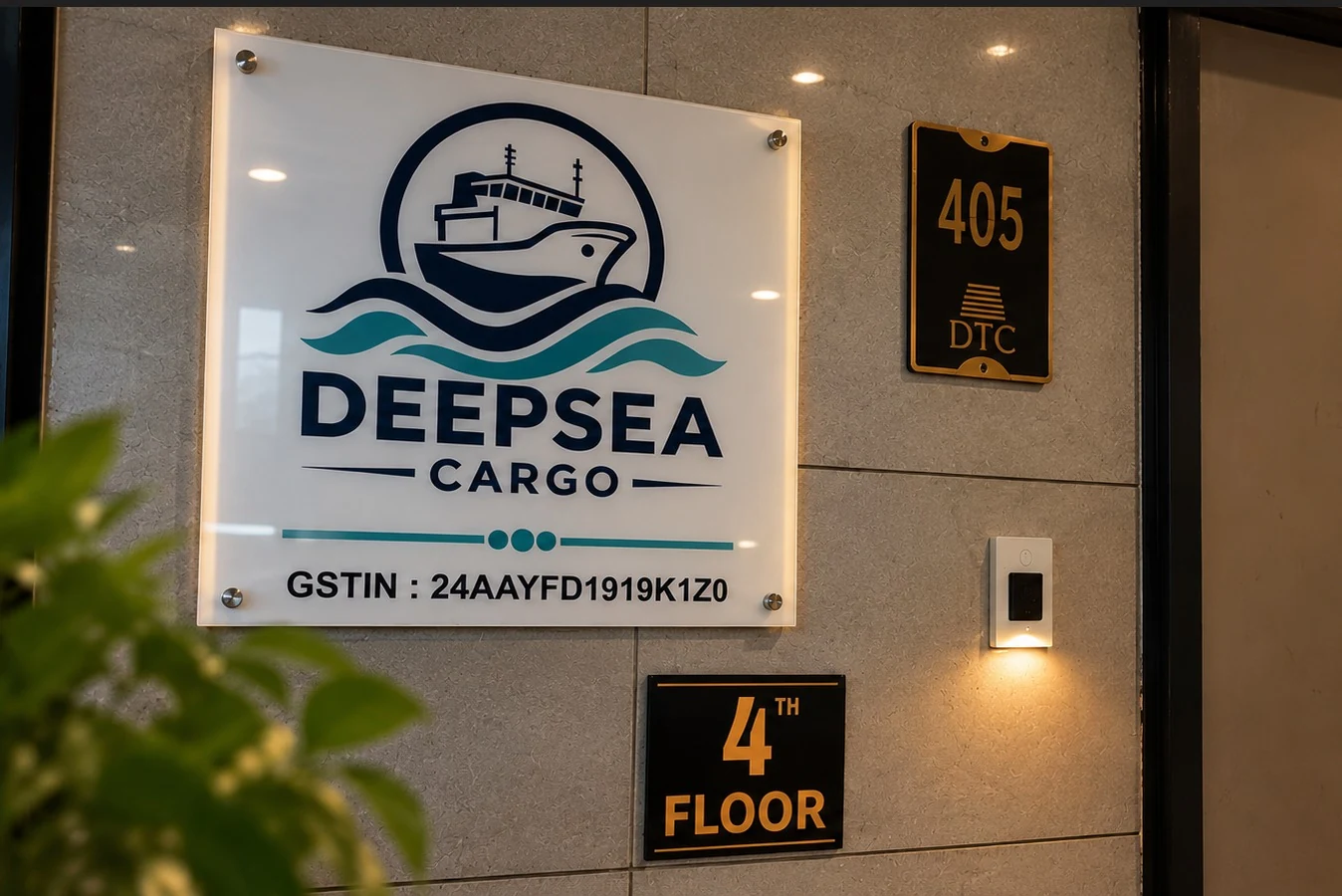 DeepSea Cargo entrance and Office 405 sign at DTC, Surat